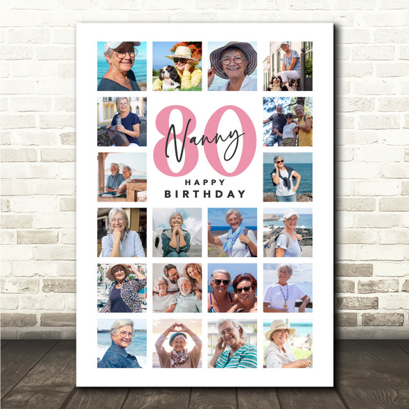 Photo Collage 80th Birthday Gift For Nanny 20-Photo Portrait Print Or Canvas