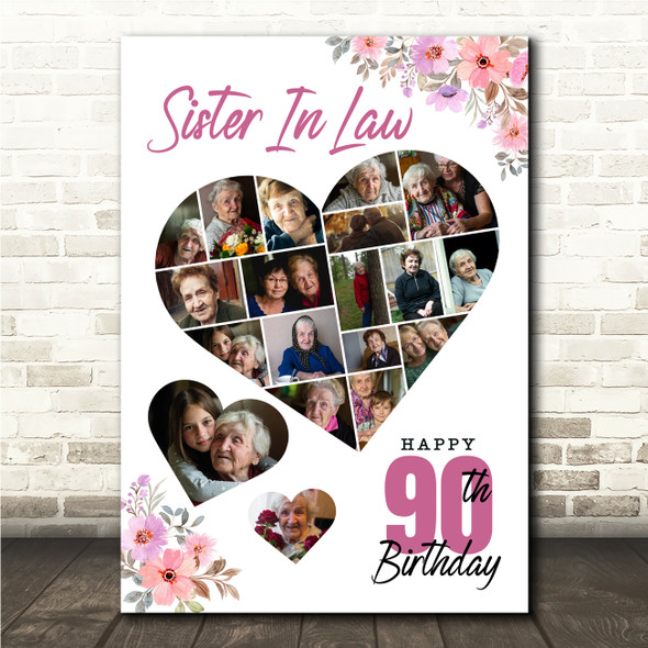 Photo Collage 90th Birthday Gift For Fiancée 19-Photo Floral Print Or Canvas