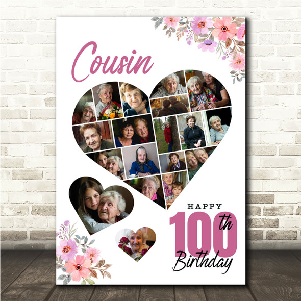 Photo Collage 100th Birthday Gift For Cousin 19-Photo Floral Print Or Canvas
