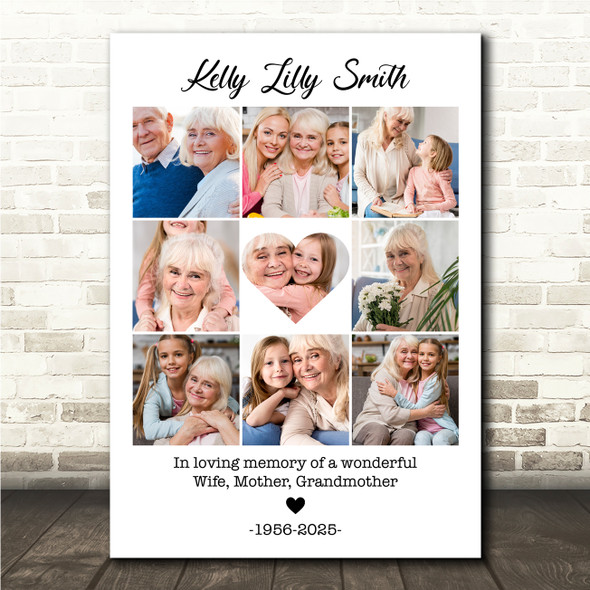 Photo Collage Memorial Gift For Anyone 9-Photo Black Floral Print Or Canvas