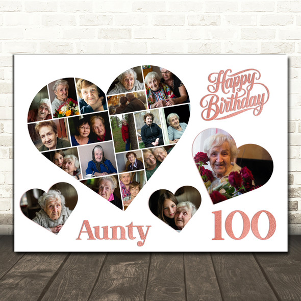 Photo Collage 100th Birthday Gift For Aunty 20-Photo Hearts Print Or Canvas