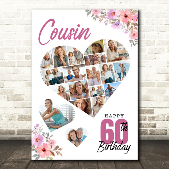 Photo Collage 60th Birthday Gift For Cousin 19-Photo Floral Print Or Canvas