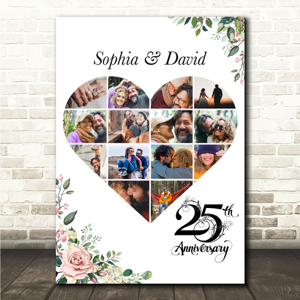 Photo Collage 25th Wedding Anniversary Gift 14-Photo Pink Floral Print Or Canvas