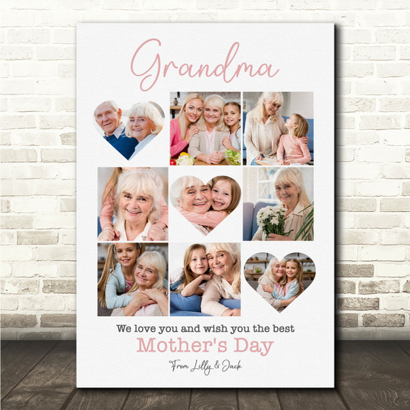 Photo Collage Gift For Grandma Mother's Day 9-Photo Pink Floral Print Canvas