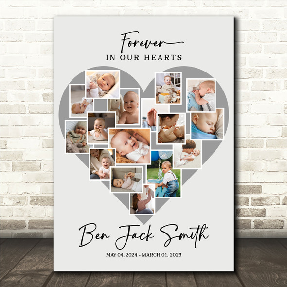 Photo Collage Kids Memorial Gift For Anyone 16-Photo Grey Heart Print Or Canvas