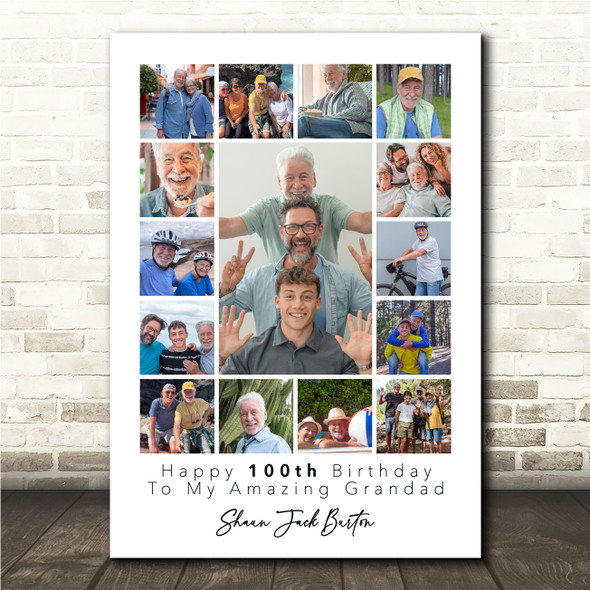 Photo Collage 100th Birthday Gift For Grandad 15-Photo Portrait Print Or Canvas