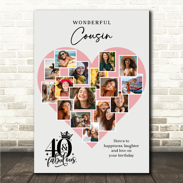 Photo Collage 40th Birthday Gift For Cousin 16-Photo Pink Heart Print Or Canvas