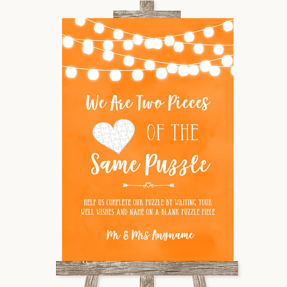 Orange Watercolour Lights Puzzle Piece Guest Book Personalised Wedding Sign