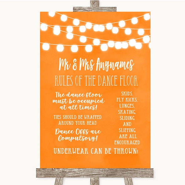 Orange Watercolour Lights Rules Of The Dance Floor Personalised Wedding Sign