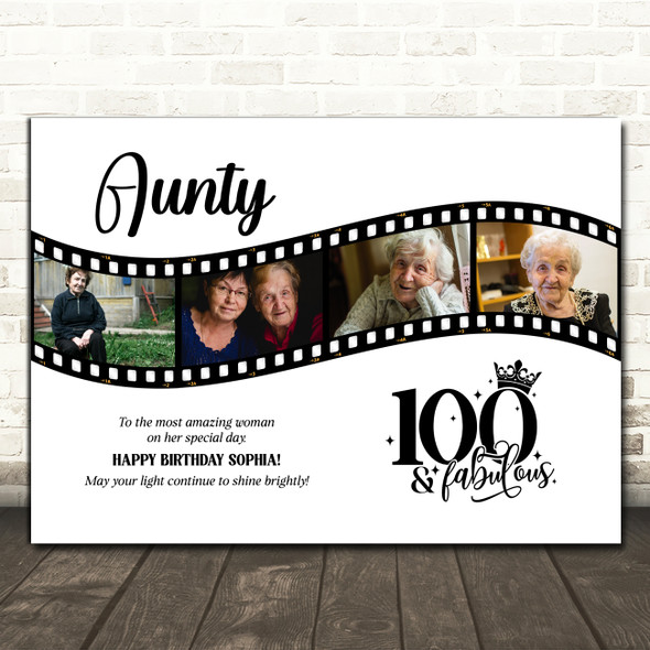 Photo Collage 100th Birthday Gift For Aunty 4-Photo Camera Film Print Or Canvas