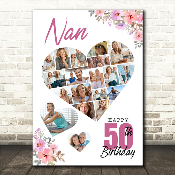 Photo Collage 50th Birthday Custom Gift For Nan 19-Photo Floral Print Or Canvas