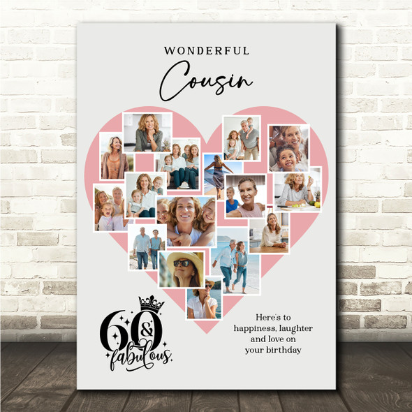 Photo Collage 60th Birthday Gift For Cousin 16-Photo Pink Heart Print Or Canvas