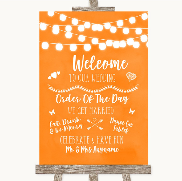 Orange Watercolour Lights Welcome Order Of The Day Personalised Wedding Sign
