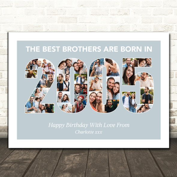 Photo Collage Blue Birthday Gift For Brother 33-Photo Year 2005 Print Or Canvas