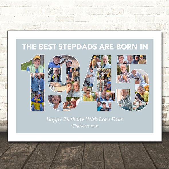 Photo Collage Blue Birthday Gift For Stepdad 25-Photo Year 1945 Print Or Canvas