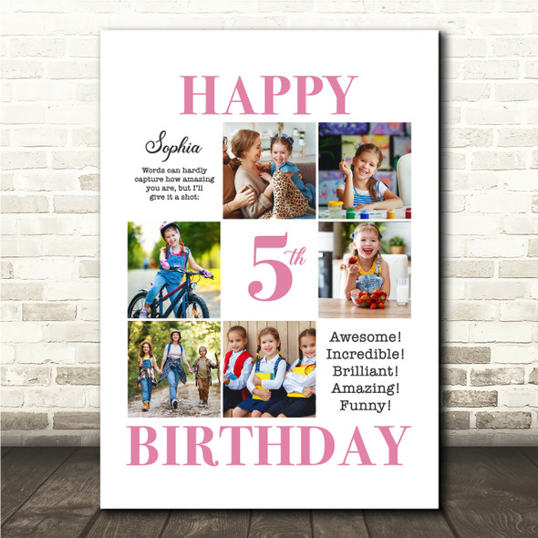 Photo Collage Kids Birthday Gift For Girls Any Age 6-Photo Pink Print Or Canvas