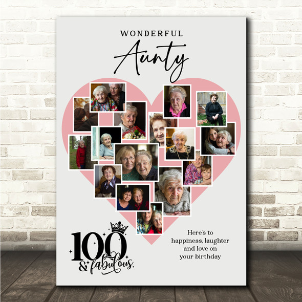 Photo Collage 100th Birthday Gift For Aunty 16-Photo Pink Heart Print Or Canvas