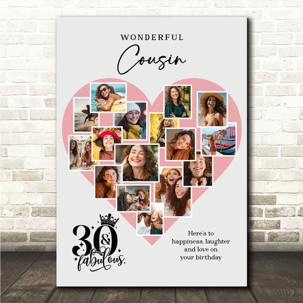 Photo Collage 30th Birthday Gift For Cousin 16-Photo Pink Heart Print Or Canvas