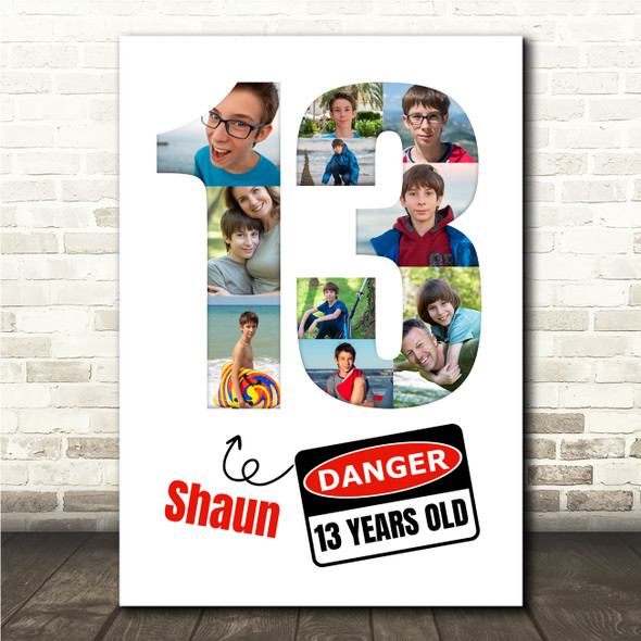 Photo Collage 10-Photo 13th Birthday Gift For Boys Danger Sign Print Canvas