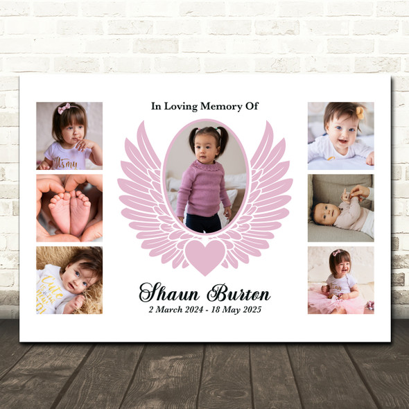 Photo Collage Kids Memorial Gift For Anyone 7-Photo Pink Wings Print Or Canvas