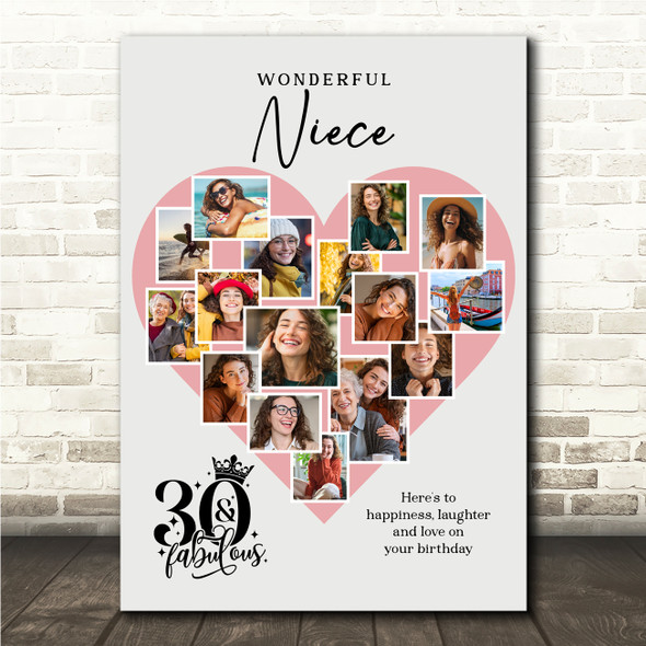 Photo Collage 30th Birthday Gift For Niece 16-Photo Pink Heart Print Or Canvas