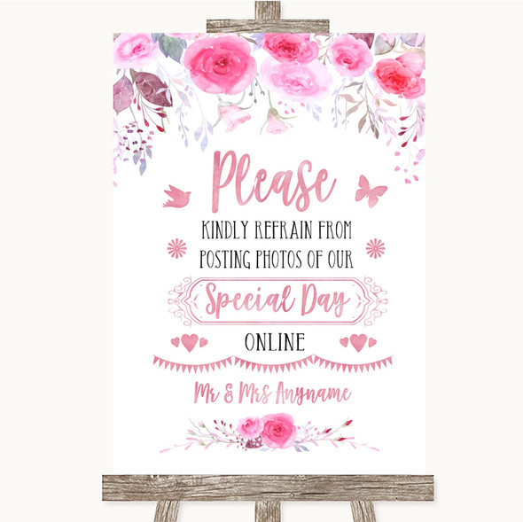 Pink Watercolour Floral Don't Post Photos Online Social Media Wedding Sign