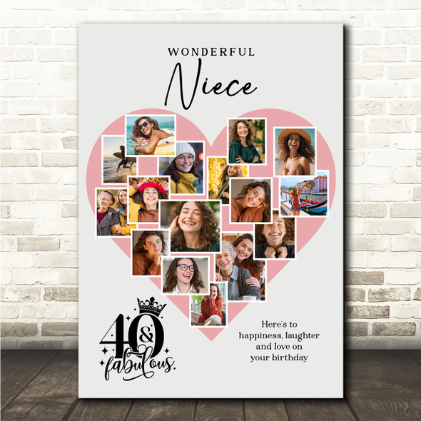 Photo Collage 40th Birthday Gift For Niece 16-Photo Pink Heart Print Or Canvas