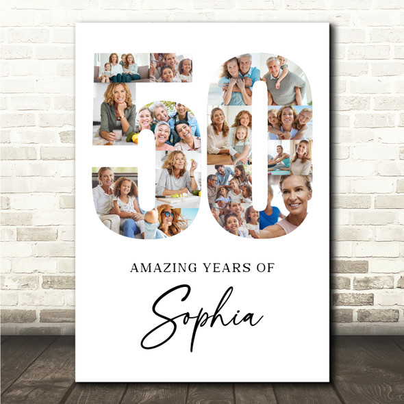 Photo Collage 50th Birthday Gift For Her 17-Photo Age 50 White Print Or Canvas