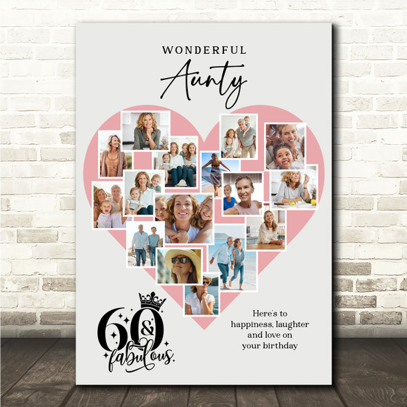 Photo Collage 60th Birthday Gift For Aunty 16-Photo Pink Heart Print Or Canvas