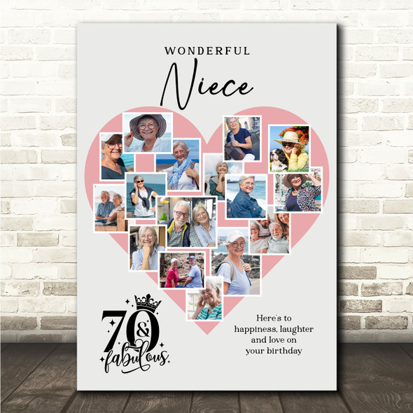 Photo Collage 70th Birthday Gift For Niece 16-Photo Pink Heart Print Or Canvas