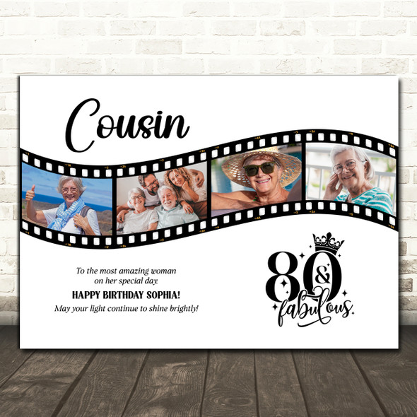 Photo Collage 80th Birthday Gift For Cousin 4-Photo Film White Print Or Canvas