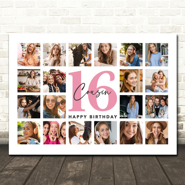 Photo Collage 16th Birthday Gift For Cousin 20-Photo Landscape Print Or Canvas