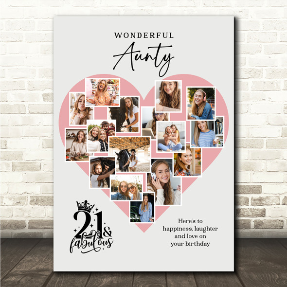 Photo Collage 21st Birthday Gift For Aunty 16-Photo Pink Heart Print Or Canvas