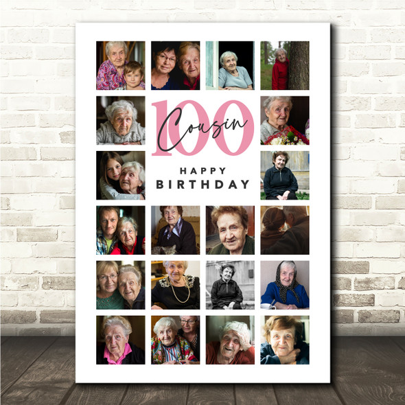Photo Collage 100th Birthday Gift For Cousin 20-Photo Portrait Print Or Canvas