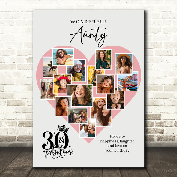 Photo Collage 30th Birthday Gift For Aunty 16-Photo Pink Heart Print Or Canvas