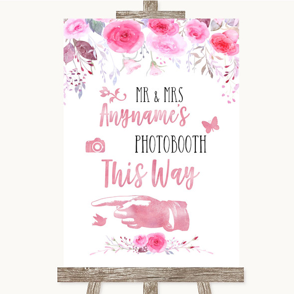Pink Watercolour Floral Photobooth This Way Left Personalised Wedding Sign