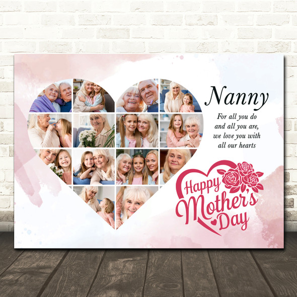 Photo Collage Gift For Nanny Mother's Day 14-Photo Heart Pink Print Or Canvas