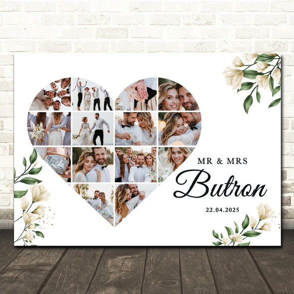 Photo Collage Wedding Custom Gift 14-Photo Heart White Floral Print Or Canvas