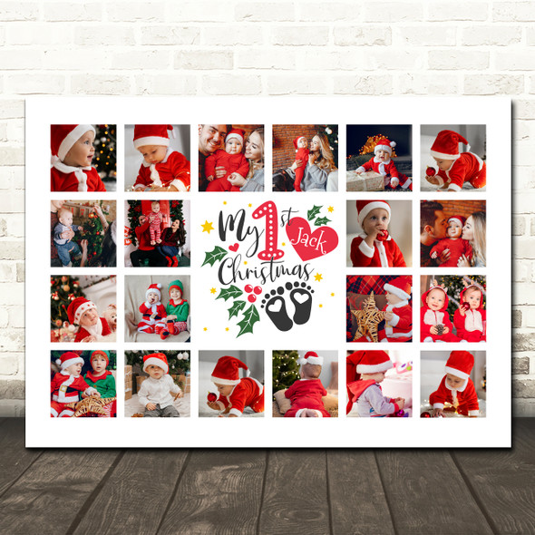 Photo Collage Print Canvas First Christmas Gift For Baby 20-Photo Red Poinsettia