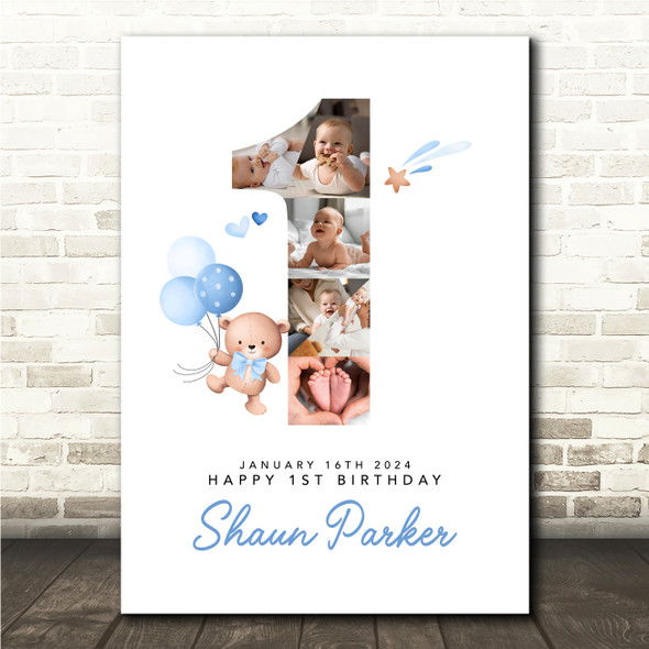 Photo Collage 6-Photo Blue Balloons Teddy 1st Birthday Gift For Kids Boys Print
