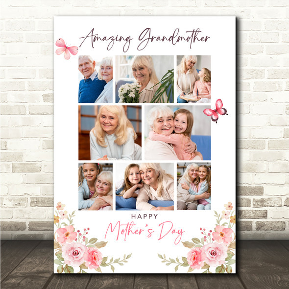 Photo Collage Gift For Grandmother Mother's Day 8-Photo Pink Butterflies Print
