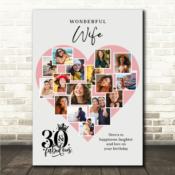 Photo Collage Print Or Canvas 30th Birthday Gift For Wife 16-Photo Pink Heart Photo Collage Print Or Canvas 30th Birthday Gift For Wife 16-Photo Pink Heart