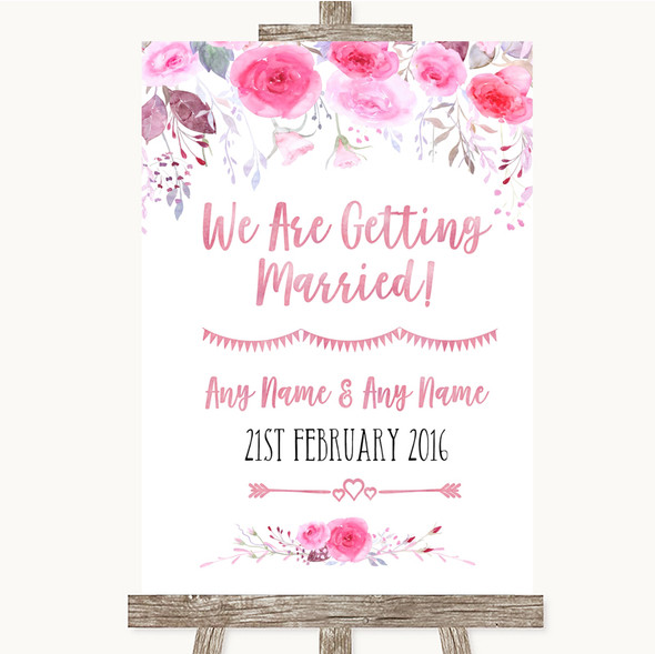 Pink Watercolour Floral We Are Getting Married Personalised Wedding Sign