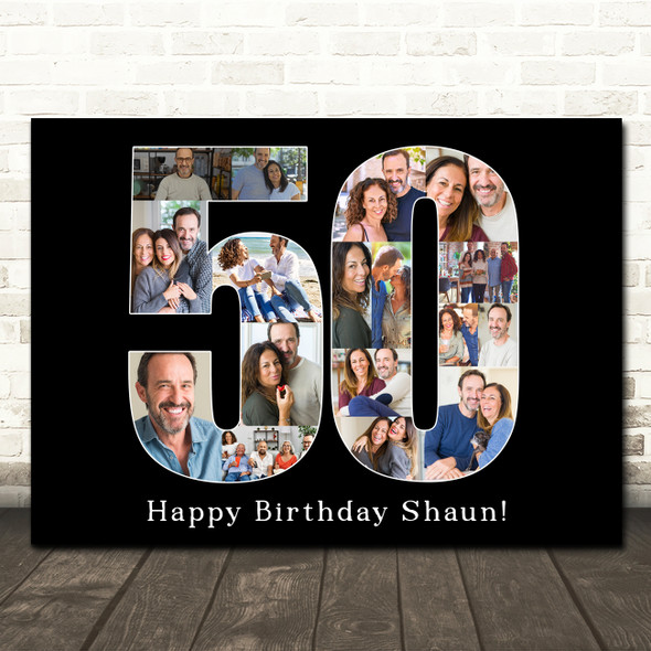 Photo Collage 50th Birthday 17-Photo Birthday Gift For Him 50 Black Print Canvas