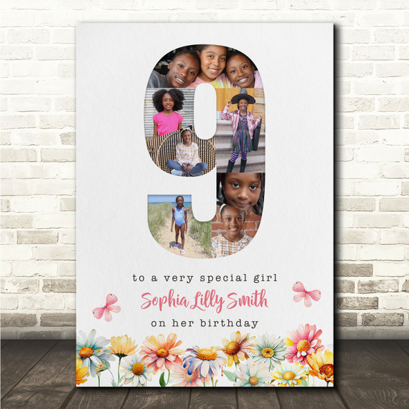 Photo Collage 7-Photo 9th Girls Birthday Gift For Kids Girls Floral Print Canvas