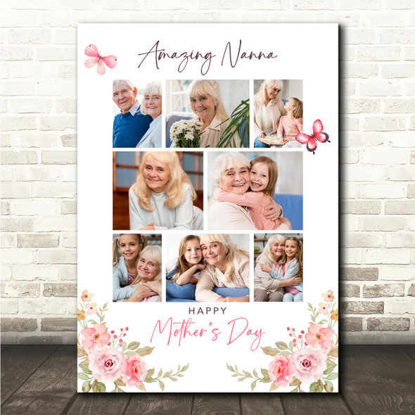 Photo Collage Gift For Nanna Mother's Day 8-Photo Pink Butterflies Print Canvas