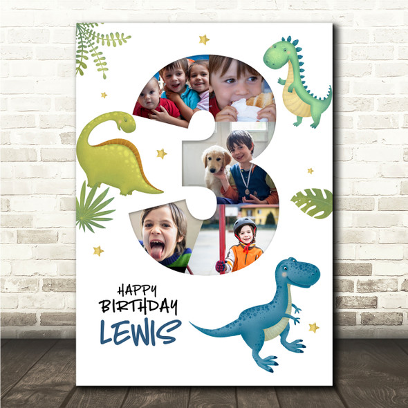 Photo Collage 5-Photo 3rd Birthday Gift For Toddler Boys Dinosaurs Print Canvas