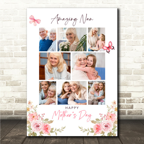 Photo Collage Gift For Nan Mother's Day 8-Photo Pink Butterflies Print Canvas