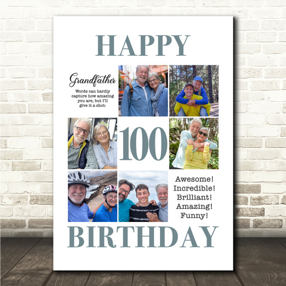 Photo Collage 100th Birthday Custom Gift For Grandfather 6-Photo Print Or Canvas
