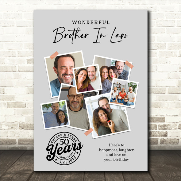 Photo Collage 50th Birthday Gift For Brother-In-Law 7-Photo Grey Print Or Canvas